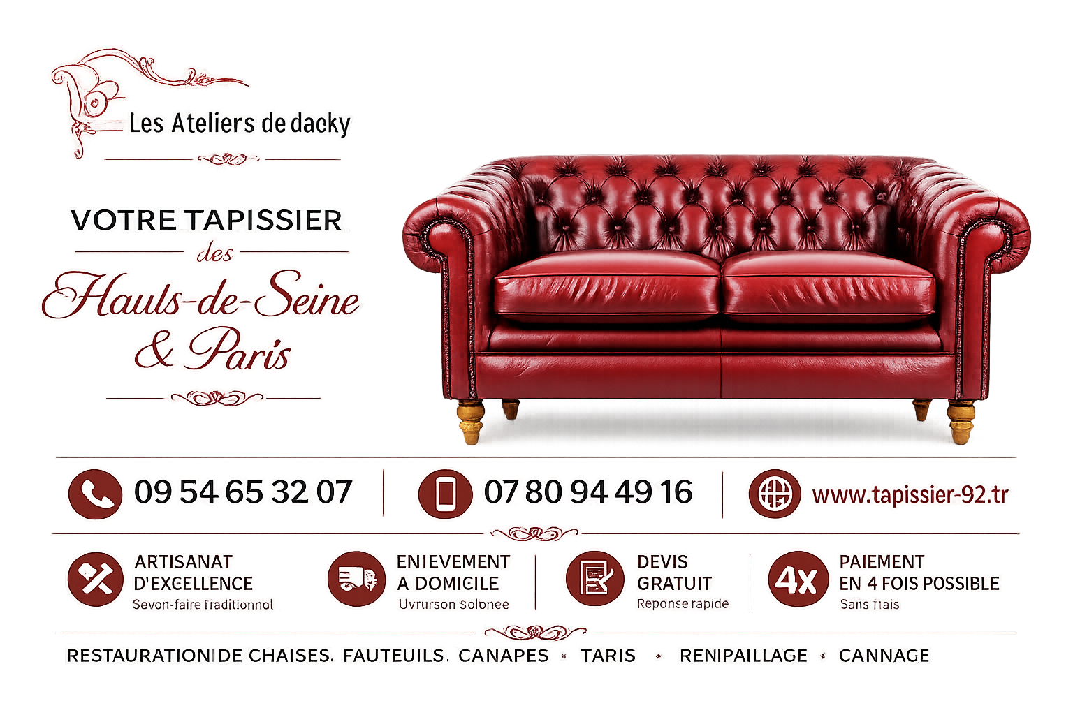 Tapissier Hauts-de-Seine Paris restauration chaises fauteuils canapés rempaillage cannage Les Ateliers de Jacky