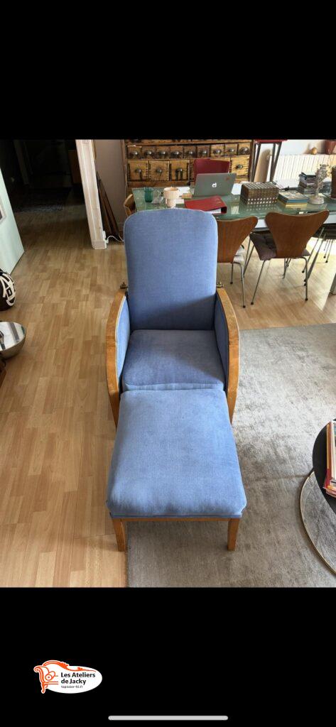 Réfection fauteuil avec repose pied Tissus fournis par nos soins Amara 83963-1212 orage finition passe-poil Paris 2 éme