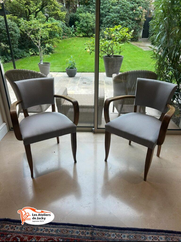 Réfection complète fauteuil style BRIDGE. Tissus fournis par nos soins 13449 moka- 6313 acier coton Neuilly sur 92200 hauts de Seine 92
