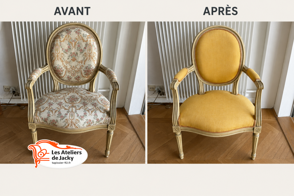 fauteuil louis xvi medaillon avant apres renovation tapissier paris 16 garniture traditionnelle