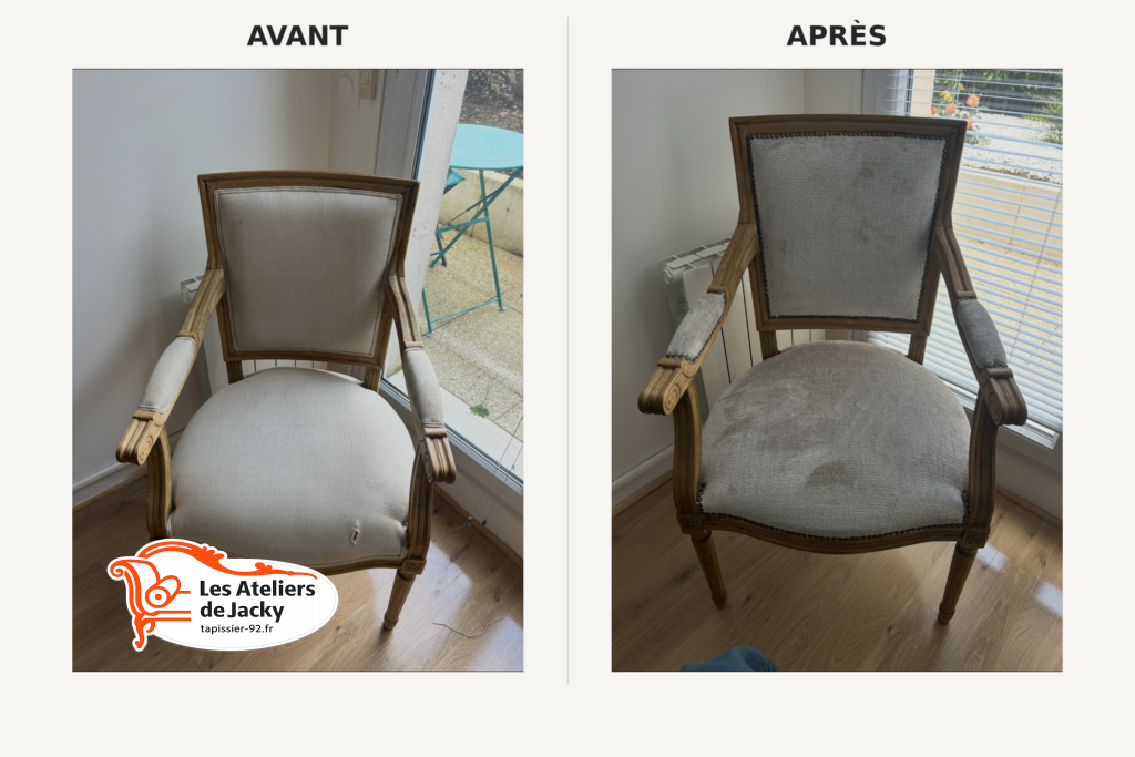 fauteuil bergère Louis XV avant après restauration Paris 7 tapissier