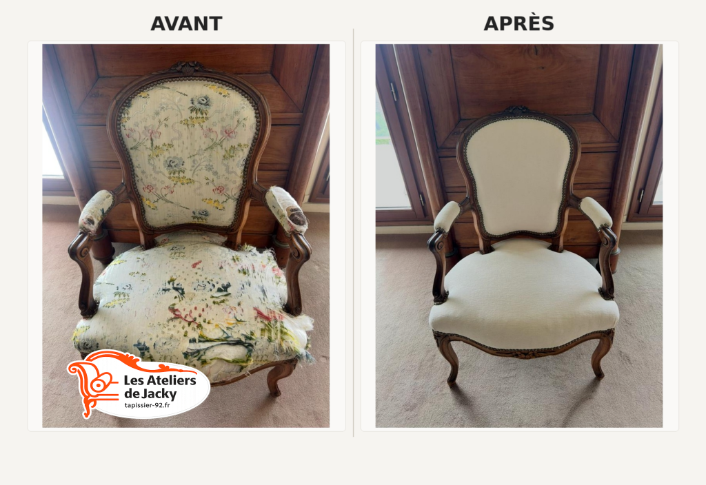 Avant après de la réfection d’un fauteuil cabriolet de style Louis XV avec remplacement d’un tissu floral usé par un tissu clair.